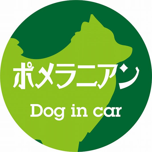Dog in car ポメラニアン レトロ書体 グリーン ステッカー 直径10cm 丸型 シール カーステッカー