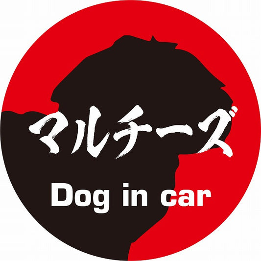 Dog in car マルチーズ 毛筆書体 レッドブラック ステッカー 直径10cm 丸型 シール カーステッカー