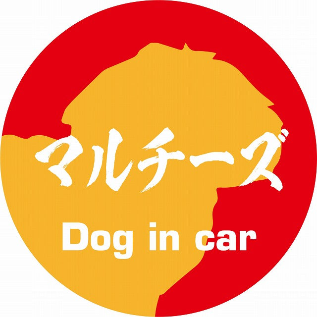 Dog in car マルチーズ 毛筆書体 レッドオレンジ ステッカー 直径10cm 丸型 シール カーステッカー