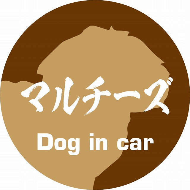 Dog in car マルチーズ 毛筆書体 ブラウン ステッカー 直径10cm 丸型 シール カーステッカー