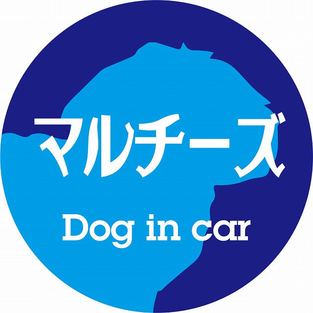 Dog in car マルチーズ レトロ書体 ブルー ステッカー 直径10cm 丸型 シール カーステッカー