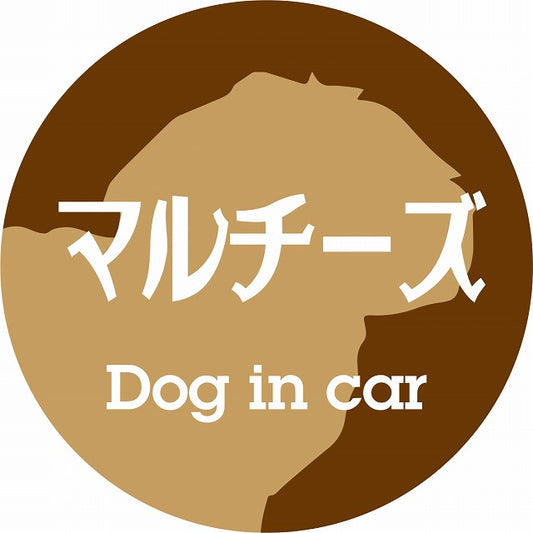 Dog in car マルチーズ レトロ書体 ブラウン ステッカー 直径10cm 丸型 シール カーステッカー