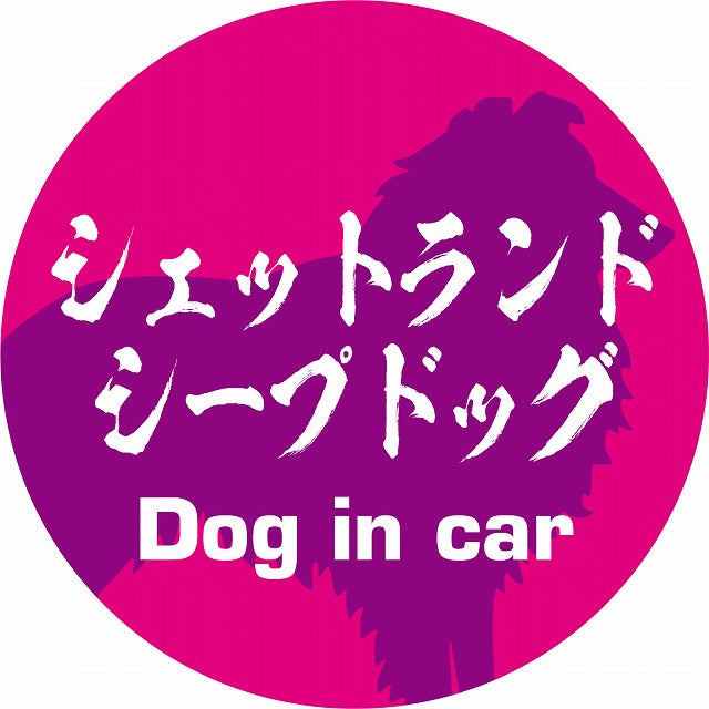Dog in car シェットランドシープドッグ 毛筆書体 ピンクパープル ステッカー 直径10cm 丸型 シール カーステッカー
