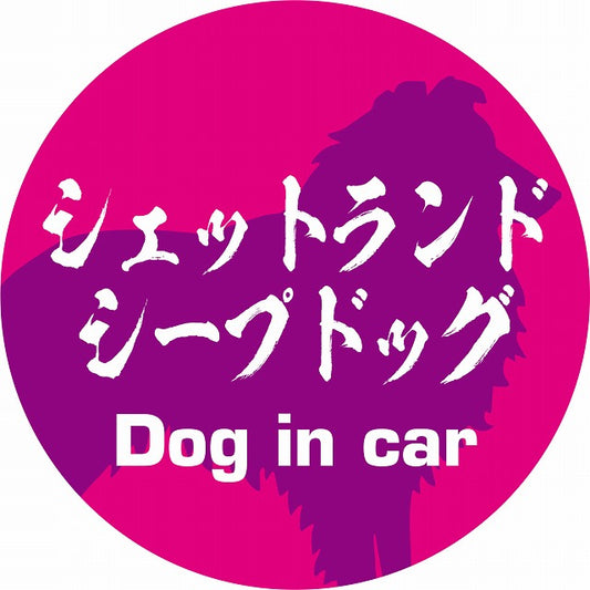 Dog in car シェットランドシープドッグ 毛筆書体 ピンクパープル ステッカー 直径10cm 丸型 シール カーステッカー
