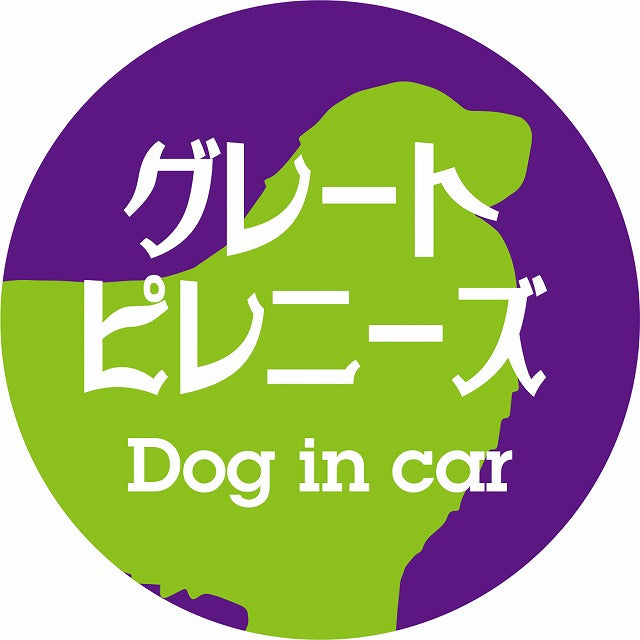Dog in car グレートピレニーズ レトロ書体 パープルグリーン ステッカー 直径10cm 丸型 シール カーステッカー