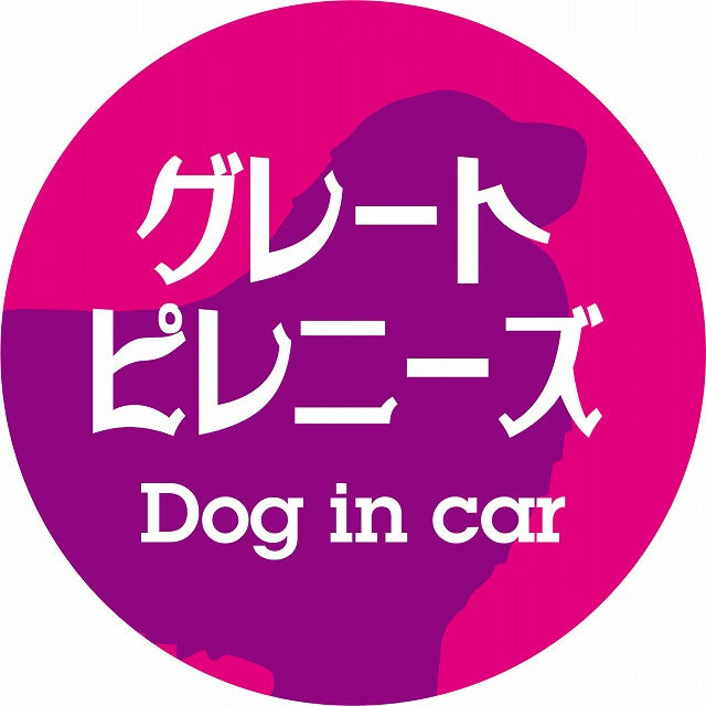 Dog in car グレートピレニーズ レトロ書体 ピンクパープル ステッカー 直径10cm 丸型 シール カーステッカー