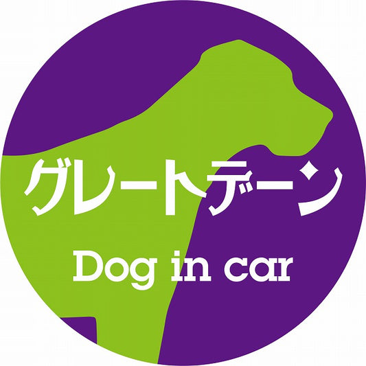 Dog in car グレートデーン レトロ書体 パープルグリーン ステッカー 直径10cm 丸型 シール カーステッカー