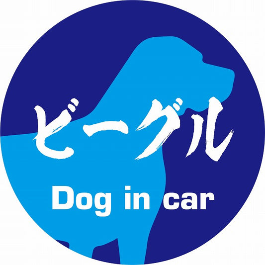 Dog in car ビーグル 毛筆書体 ブルー ステッカー 直径10cm 丸型 シール カーステッカー