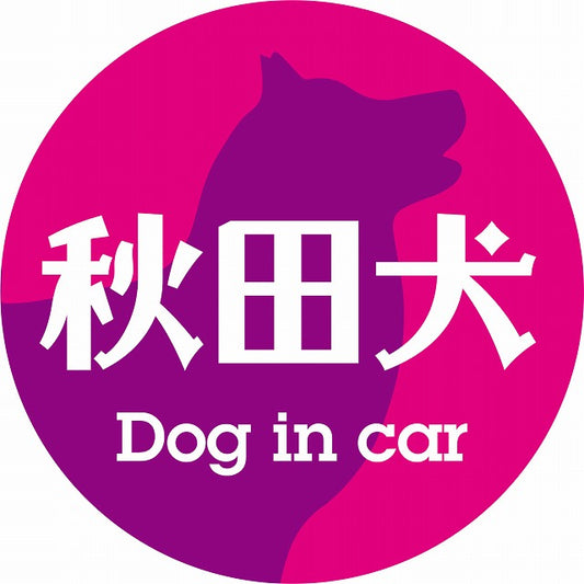 Dog in car 秋田犬 レトロ書体 ピンクパープル ステッカー 直径10cm 丸型 シール カーステッカー