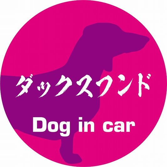Dog in car ダックスフンド 毛筆書体 ピンクパープル ステッカー 直径10cm 丸型 シール カーステッカー