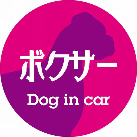 Dog in car ボクサー レトロ書体 ピンクパープル ステッカー 直径10cm 丸型 シール カーステッカー