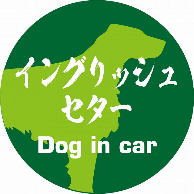 Dog in car イングリッシュセター 毛筆書体 グリーン ステッカー 直径10cm 丸型 シール カーステッカー