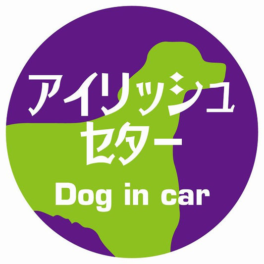 Dog in car アイリッシュセター レトロ書体 パープルグリーン ステッカー 直径10cm 丸型 シール カーステッカー