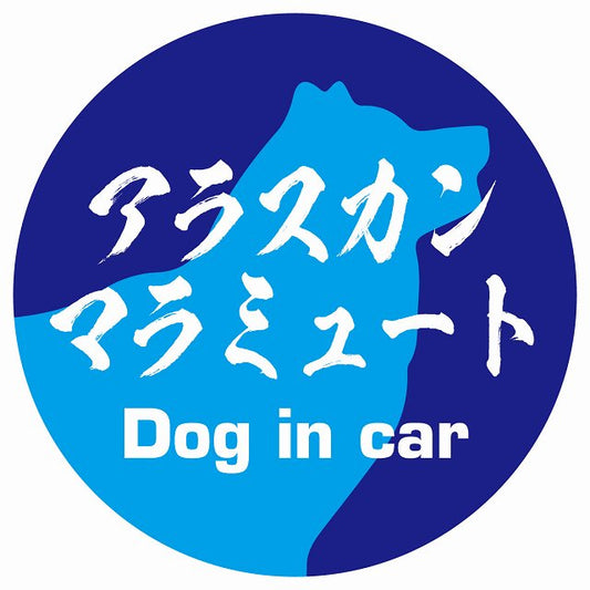 Dog in car アラスカンマラミュート 毛筆書体 ブルー ステッカー 直径10cm 丸型 シール カーステッカー