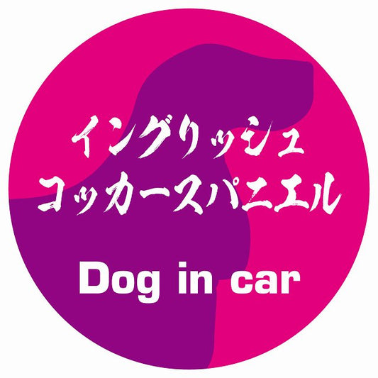 Dog in car イングリッシュコッカースパニエル 毛筆書体 ピンクパープル ステッカー 直径10cm 丸型 シール カーステッカー