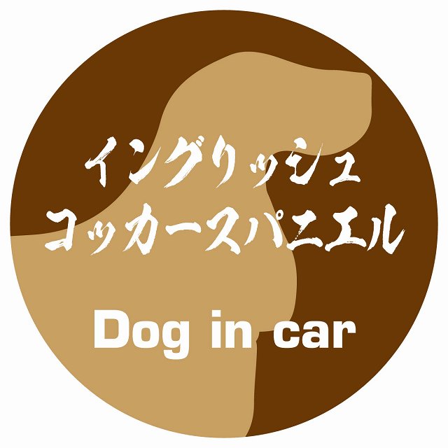 Dog in car イングリッシュコッカースパニエル 毛筆書体 ブラウン ステッカー 直径10cm 丸型 シール カーステッカー