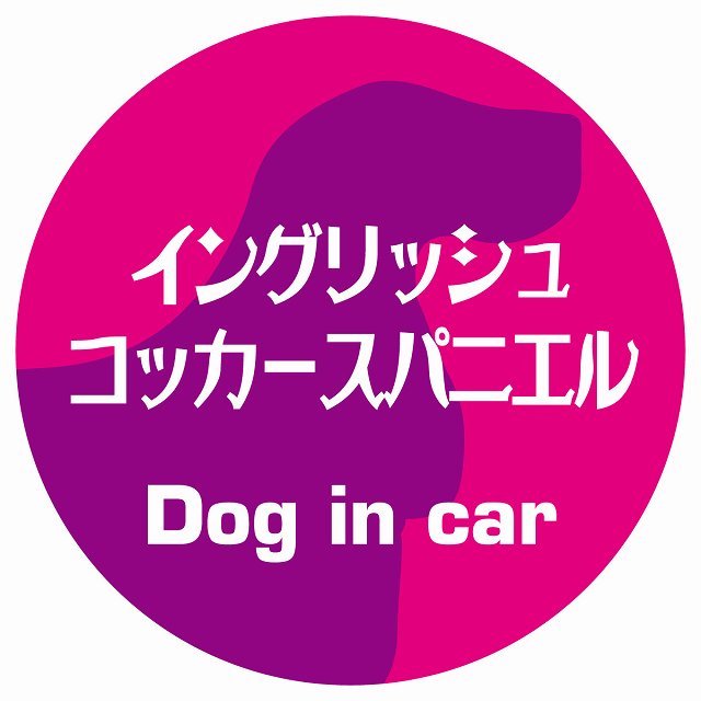 Dog in car イングリッシュコッカースパニエル レトロ書体 ピンクパープル ステッカー 直径10cm 丸型 シール カーステッカー