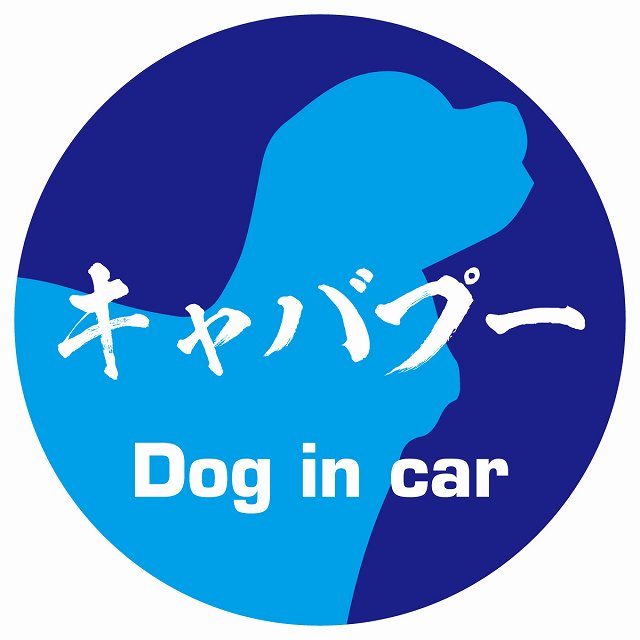 Dog in car キャバプー 毛筆書体 ブルー ステッカー 直径10cm 丸型 シール カーステッカー