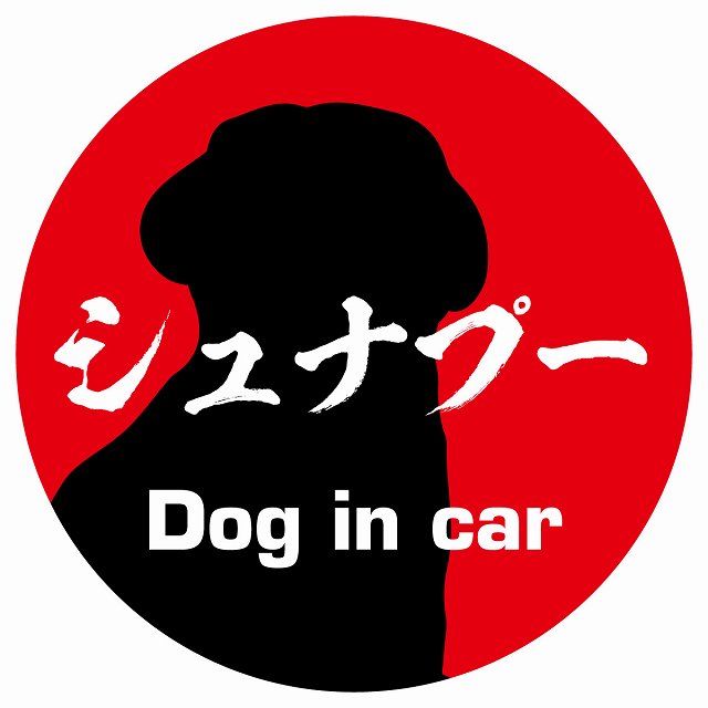 Dog in car シュナプー 毛筆書体 レッド ステッカー 直径10cm 丸型 シール カーステッカー
