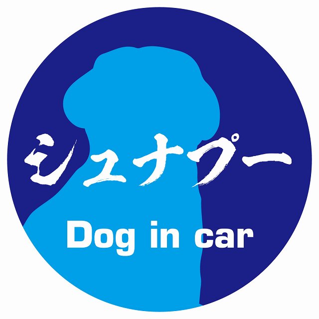 Dog in car シュナプー 毛筆書体 ブルー ステッカー 直径10cm 丸型 シール カーステッカー