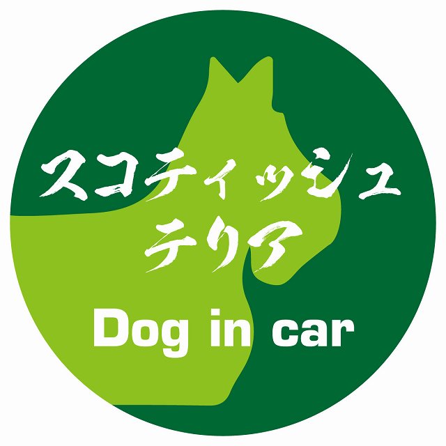 Dog in car スコティッシュテリア 毛筆書体 グリーン ステッカー 直径10cm 丸型 シール カーステッカー