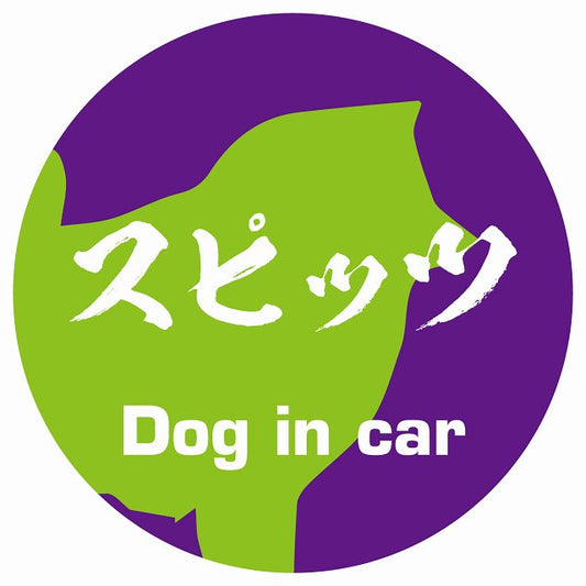 Dog in car スピッツ 毛筆書体 パープルグリーン ステッカー 直径10cm 丸型 シール カーステッカー