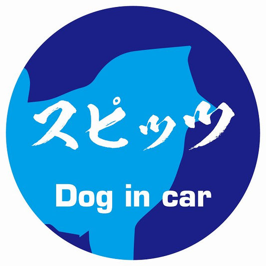 Dog in car スピッツ 毛筆書体 ブルー ステッカー 直径10cm 丸型 シール カーステッカー