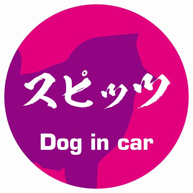 Dog in car スピッツ 毛筆書体 ピンクパープル ステッカー 直径10cm 丸型 シール カーステッカー