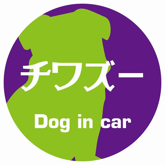 Dog in car チワズー レトロ書体 パープルグリーン ステッカー 直径10cm 丸型 シール カーステッカー