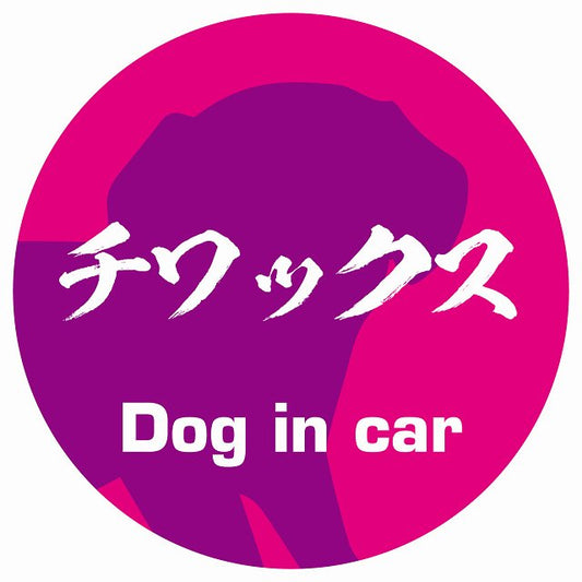 Dog in car チワックス 毛筆書体 ピンクパープル ステッカー 直径10cm 丸型 シール カーステッカー