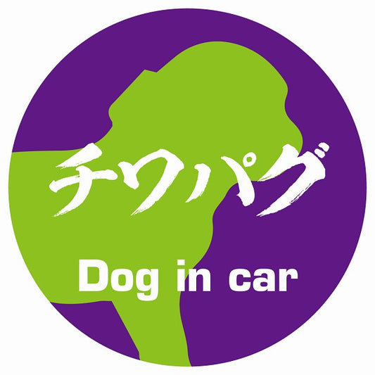 Dog in car チワパグ 毛筆書体 パープルグリーン ステッカー 直径10cm 丸型 シール カーステッカー