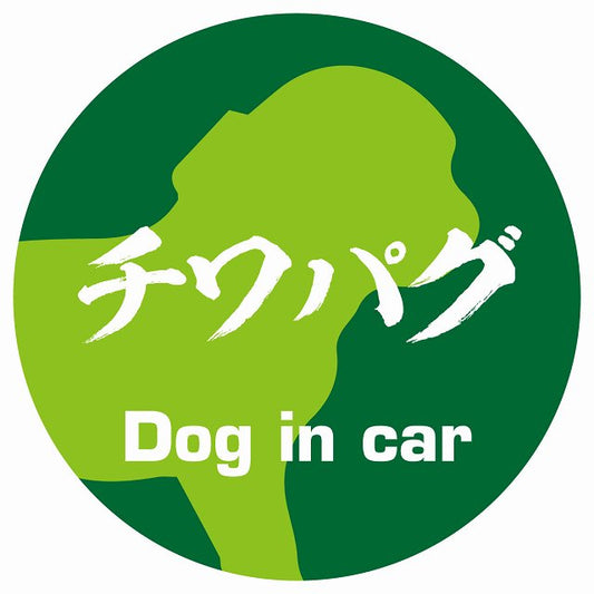 Dog in car チワパグ 毛筆書体 グリーン ステッカー 直径10cm 丸型 シール カーステッカー