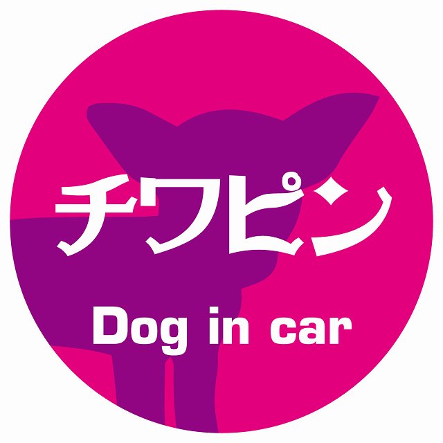 Dog in car チワピン レトロ書体 ピンクパープル ステッカー 直径10cm 丸型 シール カーステッカー