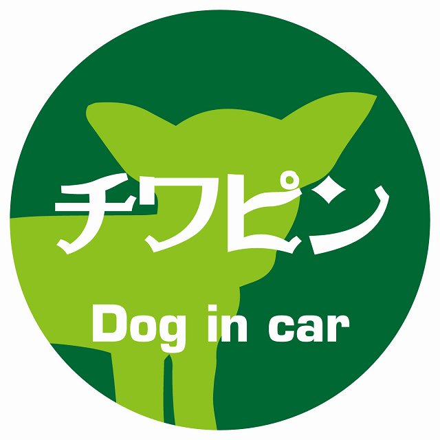 Dog in car チワピン レトロ書体 グリーン ステッカー 直径10cm 丸型 シール カーステッカー