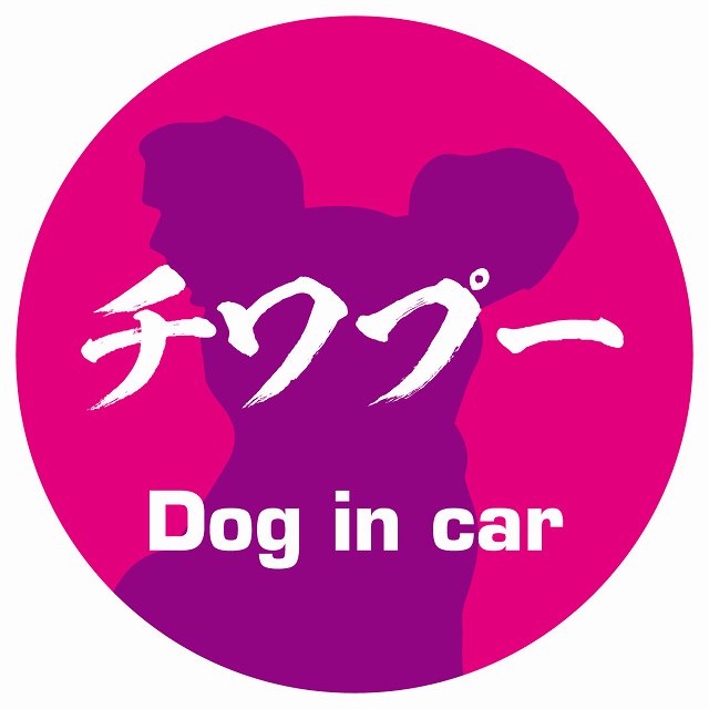 Dog in car チワプー 毛筆書体 ピンクパープル ステッカー 直径10cm 丸型 シール カーステッカー