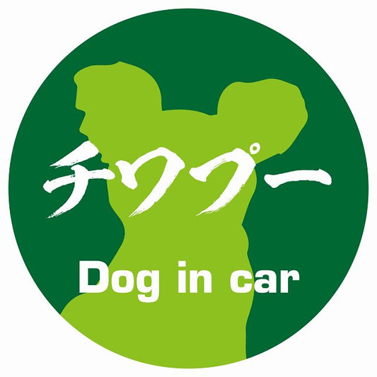 Dog in car チワプー 毛筆書体 グリーン ステッカー 直径10cm 丸型 シール カーステッカー