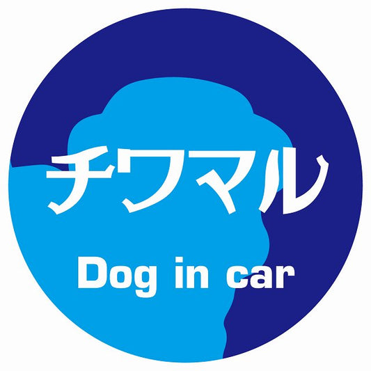 Dog in car チワマル レトロ書体 ブルー ステッカー 直径10cm 丸型 シール カーステッカー