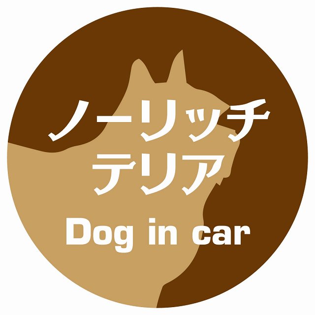 Dog in car ノーリッチテリア レトロ書体 ブラウン ステッカー 直径10cm 丸型 シール カーステッカー