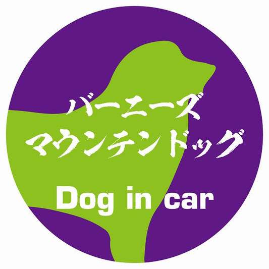 Dog in car バーニーズマウンテンドッグ 毛筆書体 パープルグリーン ステッカー 直径10cm 丸型 シール カーステッカー