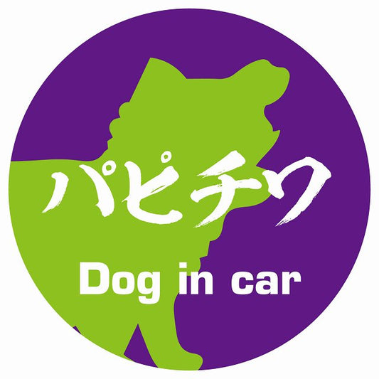 Dog in car パピチワ 毛筆書体 パープルグリーン ステッカー 直径10cm 丸型 シール カーステッカー