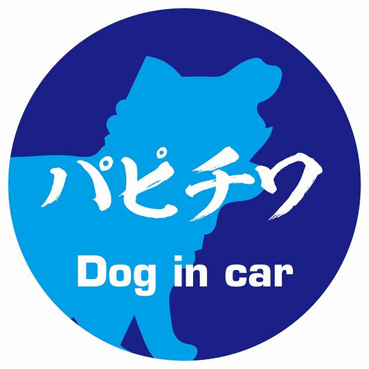 Dog in car パピチワ 毛筆書体 ブルー ステッカー 直径10cm 丸型 シール カーステッカー