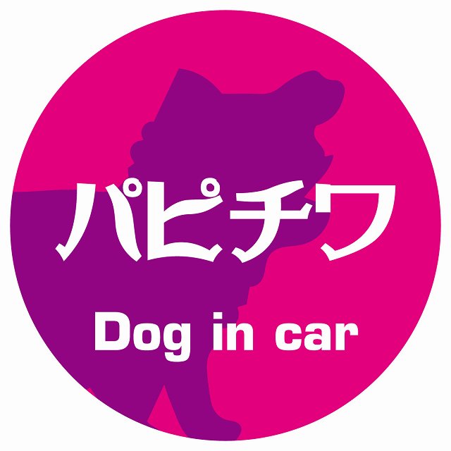 Dog in car パピチワ レトロ書体 ピンクパープル ステッカー 直径10cm 丸型 シール カーステッカー