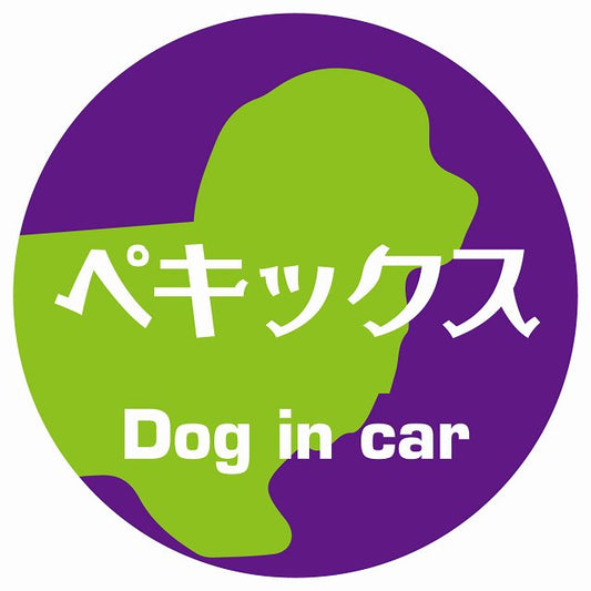 Dog in car ペキックス レトロ書体 パープルグリーン ステッカー 直径10cm 丸型 シール カーステッカー