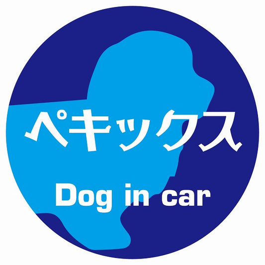 Dog in car ペキックス レトロ書体 ブルー ステッカー 直径10cm 丸型 シール カーステッカー