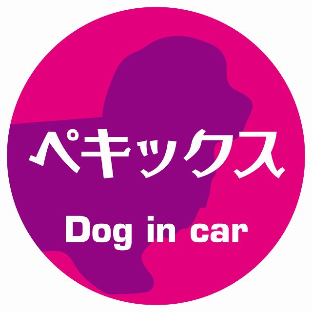 Dog in car ペキックス レトロ書体 ピンクパープル ステッカー 直径10cm 丸型 シール カーステッカー