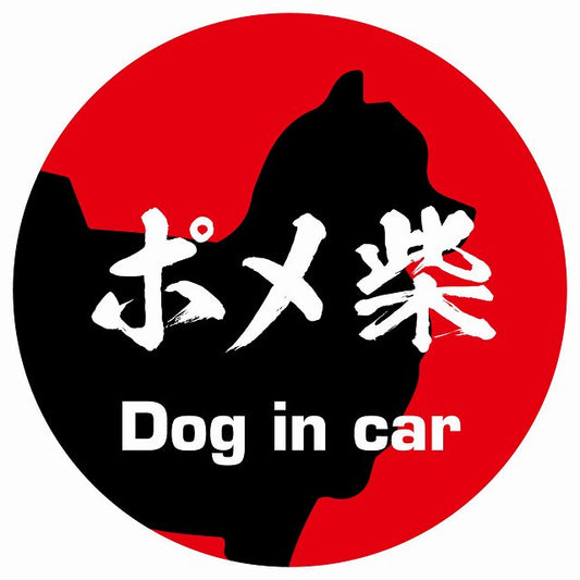 Dog in car ポメ柴 毛筆書体 レッド ステッカー 直径10cm 丸型 シール カーステッカー
