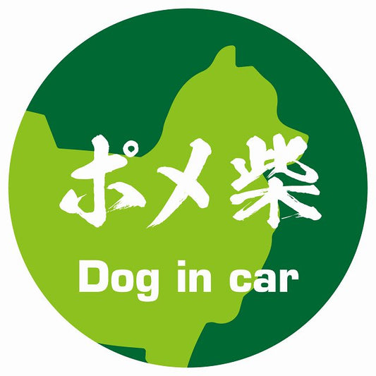 Dog in car ポメ柴 毛筆書体 グリーン ステッカー 直径10cm 丸型 シール カーステッカー