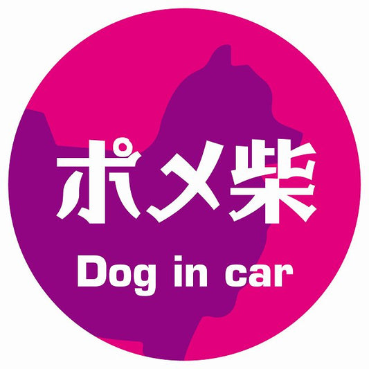 Dog in car ポメ柴 レトロ書体 ピンクパープル ステッカー 直径10cm 丸型 シール カーステッカー