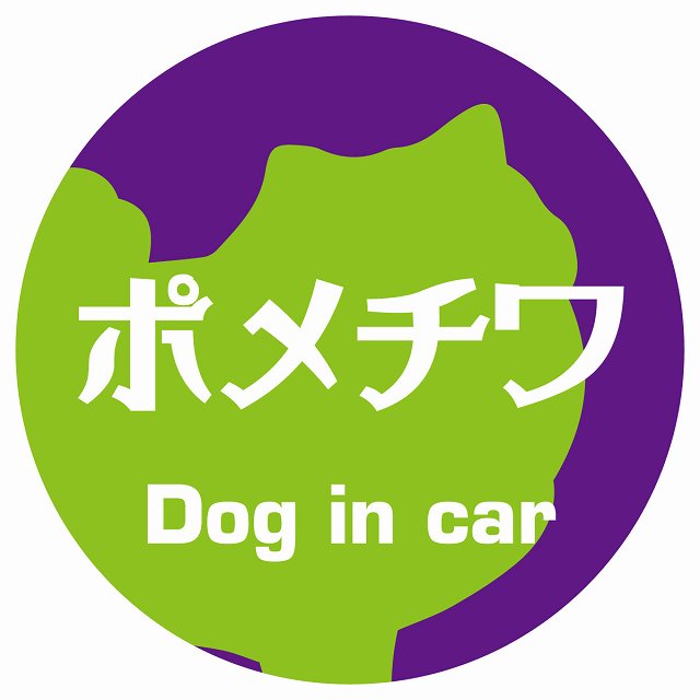 Dog in car ポメチワ レトロ書体 パープルグリーン ステッカー 直径10cm 丸型 シール カーステッカー