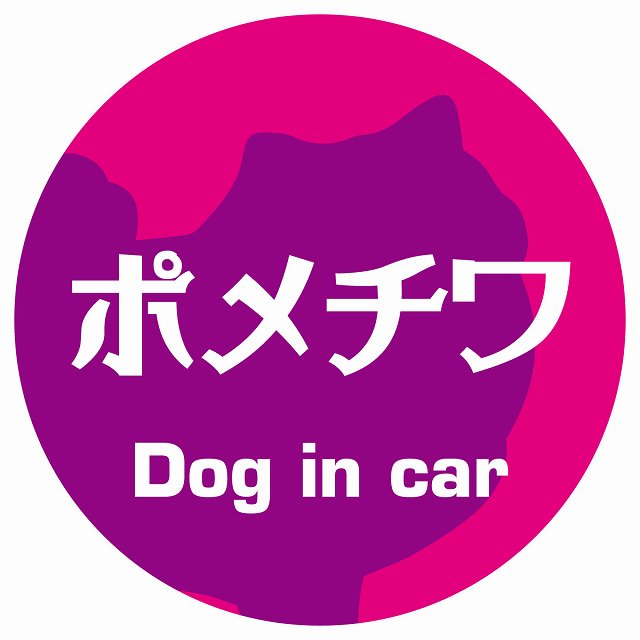Dog in car ポメチワ レトロ書体 ピンクパープル ステッカー 直径10cm 丸型 シール カーステッカー